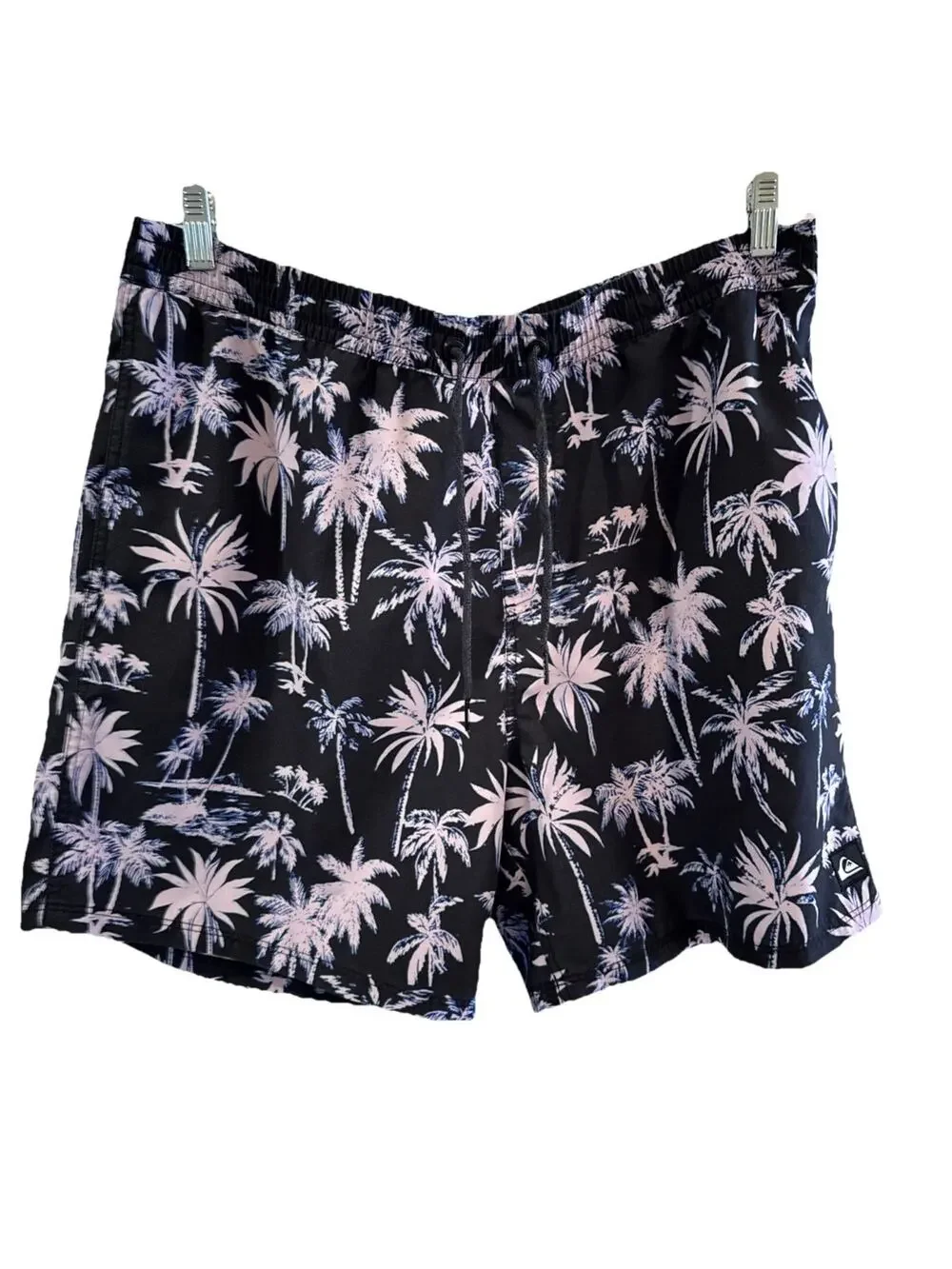 Quicksilver Swimsuit Men’s XXL Black With Lavender Palms Elastic Waist Pockets